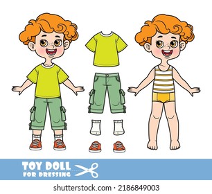 Cartoon redhaired boy dressed and clothes separately - greenT-shirt, breeches and sneakers doll for dressing