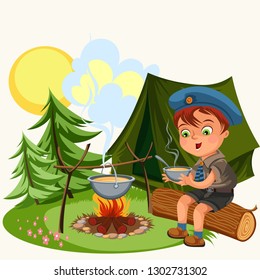 Cartoon red-haired boy holding bowl and eating porridge