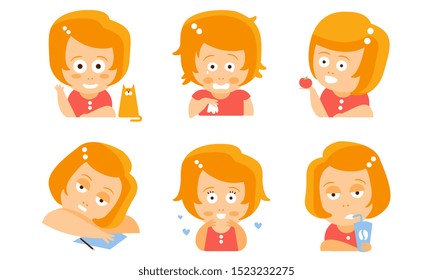 Cartoon red-haired girl in everyday activities. Vector illustration.