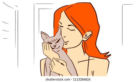 Cartoon red-haired girl holding a Sphinx cat in a room. Colorful vector sketch.