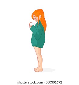 Cartoon red-haired girl in a sweater with a cup of coffee.
