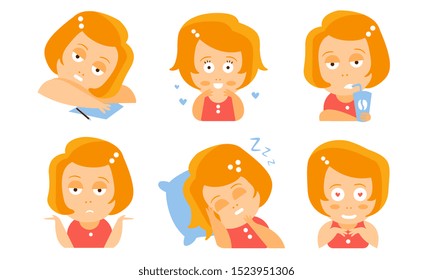 Cartoon red-haired girl is tired, in love, drinks, sleeps, surprised. Vector illustration.