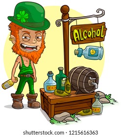 Cartoon redhead angry leprechaune with bottle character and alcohol vendor booth or shop market with text sign. Vector icon for game.