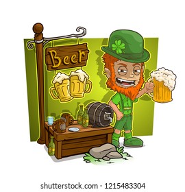 Cartoon redhead angry leprechaune character and beer vendor booth or shop market with text sign. Vector icon for game.