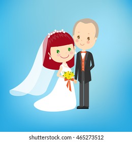 Cartoon redhead bride and almost bald groom on blue background