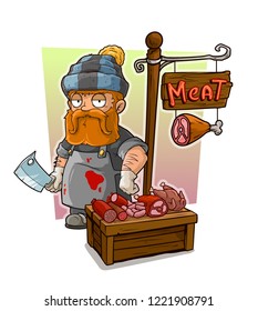Cartoon redhead butcher with big knife character and meat vendor booth or shop market with text sign. Vector icon for game.
