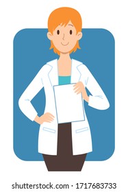 Cartoon redhead European female doctor in white coat holding a blank paper in hands. Flat vector illustration with place your text area for social media, poster, website.