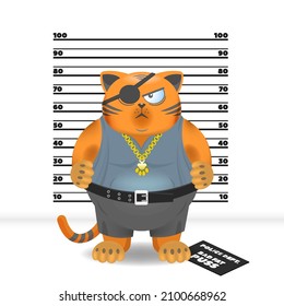 Cartoon redhead fat disgruntled cat bandit in pants and a shirt with a gold chain and an eye patch, against the background of the growth chart for the gangsters