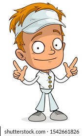 Cartoon redhead funny boy character in white cap showing forefingers. Layered vector for animations. Isolated on white background. Vector icon.