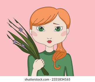 Cartoon redhead girl with flowers in her hand. Hand drawn vector illustration