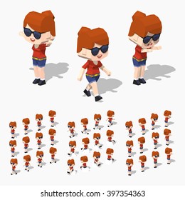 Cartoon redhead girl minifigure. 3D lowpoly isometric vector illustration. The set of objects isolated against the white background and shown from different sides