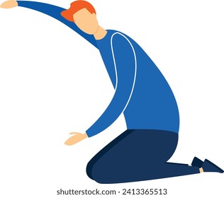 Cartoon redhead man stretching side body, wearing blue sportswear, fitness activity. Male character exercising, warm-up routine vector illustration.