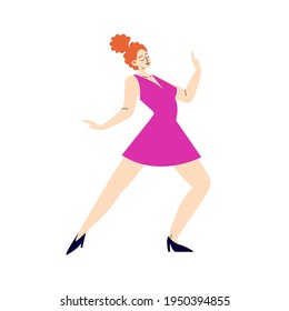 Cartoon redhead woman dancing in heels. White-skinned young pretty girl is dancing in a pink short dress. Vector stock illustration isolated on white background.
