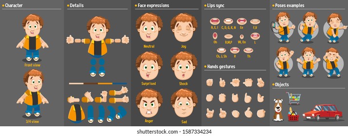 Cartoon redheaded curly guy constructor for animation. Parts of body: legs, arms, face emotions, hands gestures, lips sync. Full length, front, three quater view. Set of ready to use poses, objects.