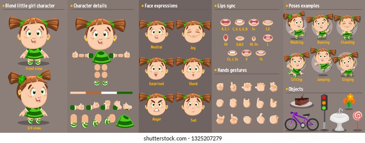 Cartoon redheaded girl constructor for animation, DIY kit. Parts of body: legs, arms, face emotions, hands gestures, lips sync.Full length, front, three quarter view. Set of ready to use poses,object