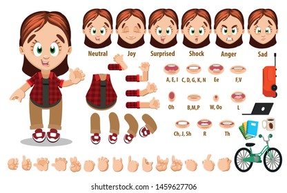 Cartoon redheaded girl constructor for animation. Parts of body: legs, arms, face emotions, hands gestures, lips sync. Full length, front, three quater view. Set of ready to use poses, objects.