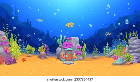 Cartoon Riff House, Unterwasserlandschaft mit Meeresalgen und Fischküste. Vektorfantasie Untersee-Parallaxe 2d Hintergrund mit Steinmütze oder Fischzuhause-Gebäude, bunte Korallen auf dem Meeresboden