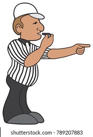 A cartoon referee is about to blow his whistle and make a call on a play