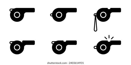 Cartoon referee whistle. Sports whistle. sport game, referee sign. Whistle signal to players. Police whistle. Trainer or coach sign