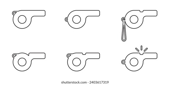 Cartoon referee whistle. Sports whistle. sport game, referee sign. Whistle signal to players. Police whistle. Trainer or coach sign