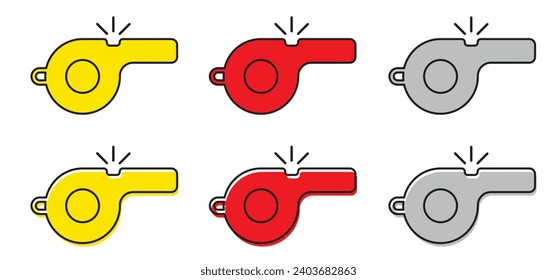 Cartoon referee whistle. Sports whistle. sport game, referee sign. Whistle signal to players. Police whistle. Trainer or coach sign. Red and yellow.