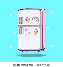 Cartoon Refrigerator Vector illustration. Fridge Vector with fridge magnet on flat design illustration. Good for a Ice mascot, Cute Icon, emoticons, kitchen sticker.