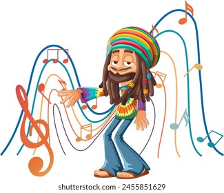 Cartoon reggae artist surrounded by vibrant musical notes.