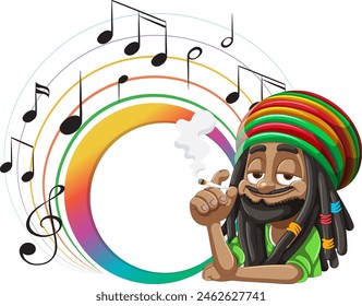 Cartoon of a reggae musician playing music happily.