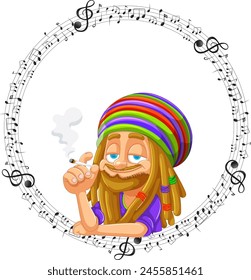 Cartoon reggae musician surrounded by musical notes.