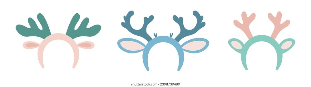 Cartoon Reindeer Antlers Headband Set. Vector Isolated Christmas illustration on White Background. Pastel Green and Pink colors. Cute Accessory for New Year Party or Christmas Decoration. 