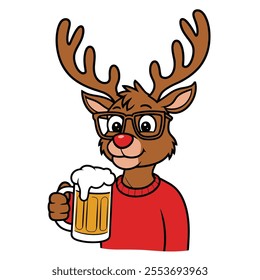 Cartoon Reindeer with Beer Mug in Christmas Sweater