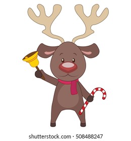 Cartoon reindeer with bell and candy cane in hand