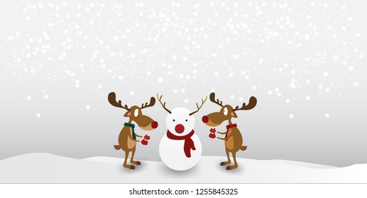  Cartoon reindeer Cute Character on winter snow background. Greeting card for Merry Christmas and Happy New Year.