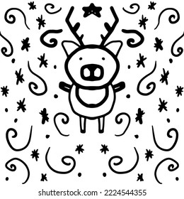 cartoon reindeer doodle vector background black and white