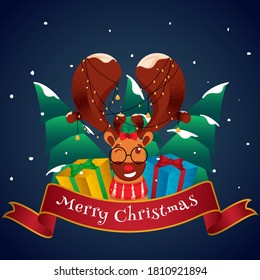 Cartoon Reindeer Face wearing Bell Garland with Realistic Gift Boxes and Snowy Xmas Trees on Blue Background for Merry Christmas Celebration.