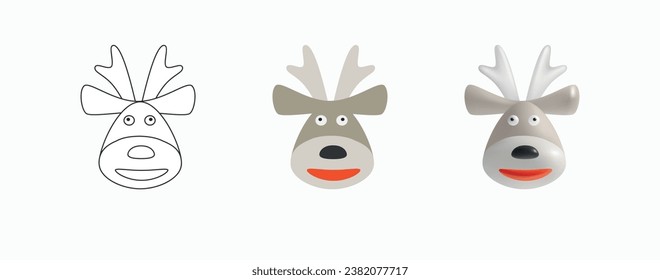 Cartoon Reindeer Faces Sticker Pack. Deer Face in three styles - Contour, Flat, 3D. Traditional symbol of Christmas and New Year. Design Elements for Coloring Books. Icons Set. Vector Illustration