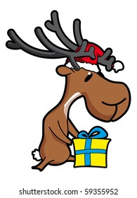 cartoon reindeer with gift â?? vector illustration