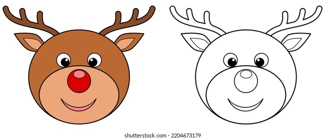 Cartoon reindeer head. Colored and outline vector illustration isolated on white background. Coloring book page for children.