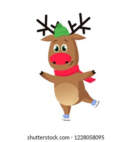 Cartoon reindeer ice skating. Character, deer, activity. Hobby concept. Can be used for topics like leisure, recreation, winter