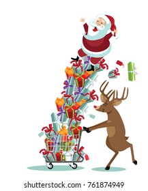 Cartoon reindeer pushing his Santa Claus in a shopping cart full of Christmas gifts. Santa and his reindeer happily doing their holiday shopping. EPS 10 vector illustration.