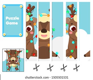 Cartoon reindeer. Puzzle for toddlers. Match pieces and complete the picture. Educational children game, kids sctivity page