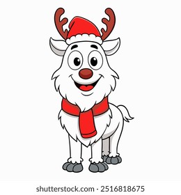 A cartoon reindeer with a red scarf and a red hat. The reindeer is smiling and he is happy