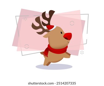 Cartoon reindeer in Santa hat jumping. Christmas concept. Vector illustration can be used for festive banners and posters, flyers, greeting cards