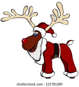 Cartoon reindeer with Santa outfit.