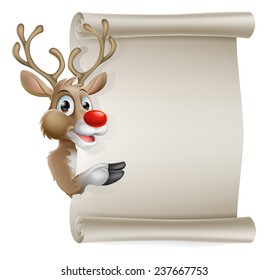 Cartoon reindeer scroll sign of Christmas reindeer pointing at a scroll banner