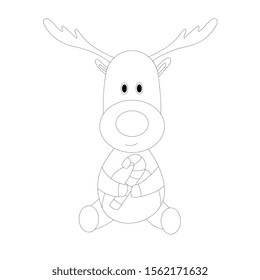  Cartoon reindeer sits and holds a Christmas candy in his paws. Outline illustration.