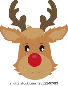 Cartoon reindeer. Symbol a festive Christmas fairy tale. Reindeer face. A cheerful and friendly character. Winter magic. Festive design.