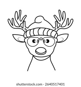 A cartoon reindeer wearing a beanie and glasses with a surprised expression, in black and white line art style.