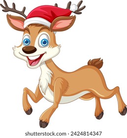 Cartoon reindeer wearing a Santa hat, looking joyful.