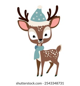 Cartoon reindeer in winter clothes. Illustration with hand drawn doodle deer. Thickly clothed pet. 